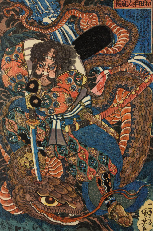 Wada Heita Tanenaga killing a huge python.A woodblock print by Utagawa Kuniyoshi,early to mid 19th c