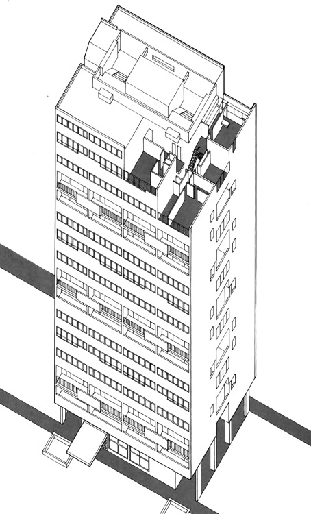 Hansaviertel Tower, Berlin. Jo van den Broek & Jacob Bakema, 1960. Axonometric drawing from Modern Housing Prototypes (1978) by Roger Sherwood.