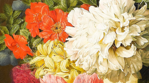 florealegiardini:A still life of peonies, roses, honeysuckle, poppies, a crown imperial, rhododendrons and other flowers in a terracotta urn on a ledge (detail), Arnoldus Bloemers (Dutch, 1792-1844)