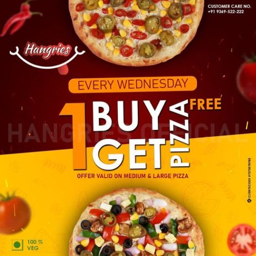 Wow!!Wednesday is Back with Hangries BOGO Offer. Buy one get one free.Offer valid on a medium and large pizza.Call for more enquires +91-9369-522-222 #bogo#buyonegetonefree#pizza#food#foodie#pizzatime#italianfood#delivery#pizzalovers#foodlover#yummy#delicious#restaurant#cheese