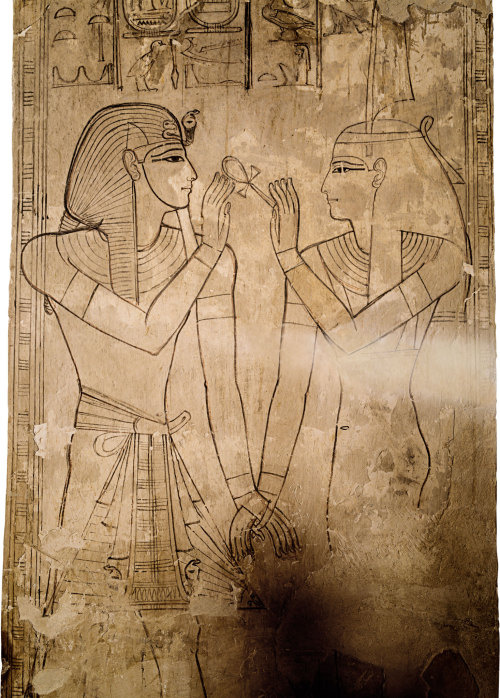 Goddess Ma’at Offering an Ankh to King Seti IThe unfinished decoration in the two-pillared side cham