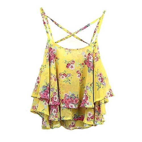 Vintage Flora Print Ruffle Layer Cross Strap Chiffon Camis ❤ liked on Polyvore (see more crop tanks)