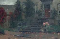 catonhottinroof:  Jan Bogaerts (1878–1962)  Gele en roze rozen op het bordes van een landhuis, 1904