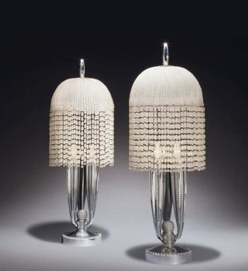 Emile Jacques Ruhlmann, pair of table lamps, 1925. Silvered-bronze with glass beads. France. Via Chr