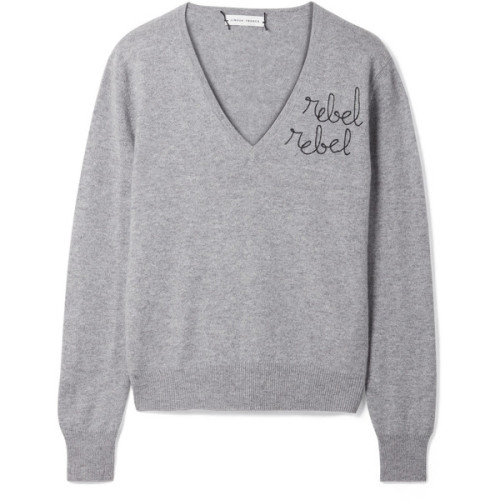 Lingua Franca Rebel Rebel embroidered cashmere sweater ❤ liked on Polyvore (see more gray sweaters)