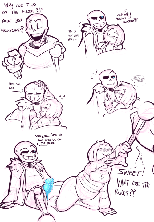 pingagirl:  The current pages of this doodle comic thingie I’m doing with the skeleton brothers and Frisk.  