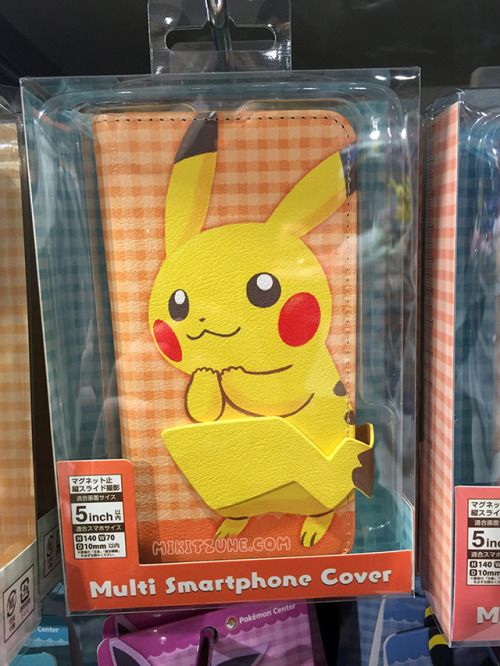 Flip phone cases featuring Charmander, Mimikyu, Sylveon, and Pikachu from the Pokemon Center Tails &