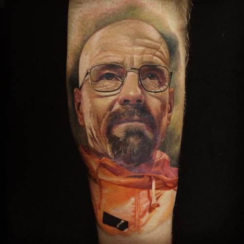 heisenbergchronicles: Walter White tattoo in progress by Carlos Rojas at Black Anchor Coll