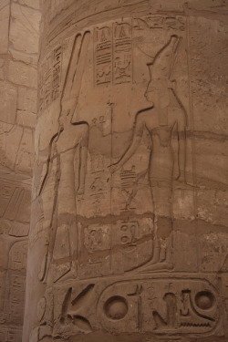 nikoznate:dwellerinthelibrary:Karnak Temple, Luxor by irishtravel on Flickr. Amun (at left) and his consort Mut. Her “label” says “Mut, Mistress of Heaven and Isheru”. Isheru is Karnak’s sacred lake - here, it looks like it’s determined not