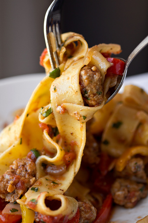 Saucy, Italian “Drunken” Noodles with Spicy Italian Sausage, Tomatoes and Caramelized Onions and Red