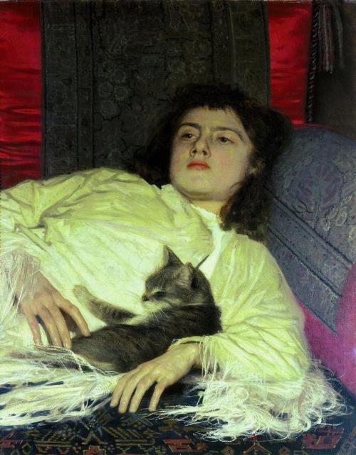 artistkramskoy: Girl with a Cat, 1882, Ivan KramskoiMedium: oil,canvas