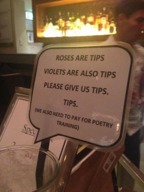 smilesforthepoor:  collegehumor:  Can anyone identify the central theme in this poem?  a. All society cares about is money b. The world is poor and they need extra money c. Humor is the universal way to get shit done d. All of the above  //  