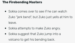 bisexuallsokka:i can’t stop laughing i just found the shipping wiki for zuko and sokka and these are some of my favorite parts from the “moments” section 