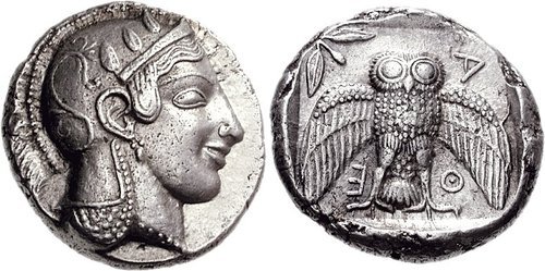 Athenian silver dekadrachm.  On the obverse, the head of Athena; on the reverse, an owl with wings s