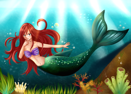 luckybachi:“There’s a legend, a legend of a mermaid who sought out nothing but weapons. They called her Titania…” QwQ omg this too me days, no line art is also so difficult omg. And I tried a lot of new colouring techniques. I really put my all