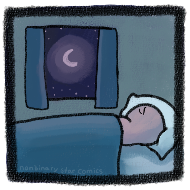 The last of 7 panels. The scribble is gone and so is the shadow they cast over the sleeping figure. The moon is now high in the middle of the window and casts the sleeping face in light.