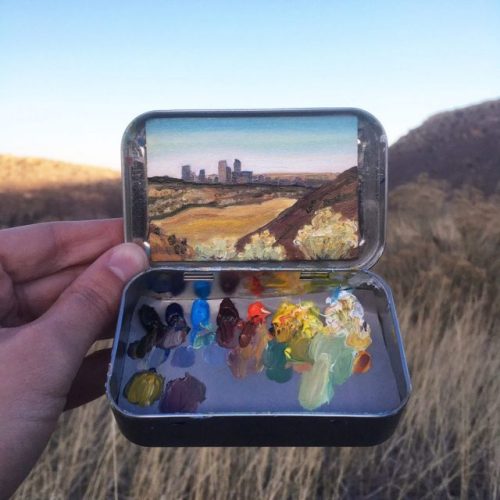 archatlas:  Miniature Landscapes by Heidi Annalise      Heidi Annalise is the Colorado-based artist behind these 2x3-inch tiny oil painting, joyfully created on site amidst mosquitos, blistering heat, and frigid winds! Each painting captures a unique