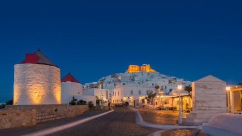 Chora of Astypalea island at night, Dodecanese, Greece