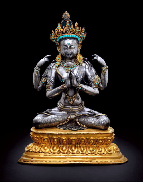 Parcel-gilt silver figure of Shadakshari Avalokiteshvara. Tibet, 16th century.