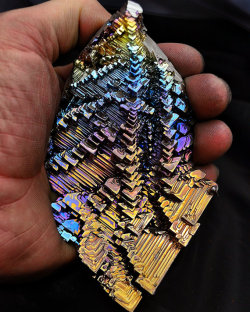sixpenceee:  Bismuth Crystals are beautiful. They have an interesting geometric form and are rainbow-colored from the oxide layer that quickly forms on them. Here’s a website that has instructions on how to make them. 
