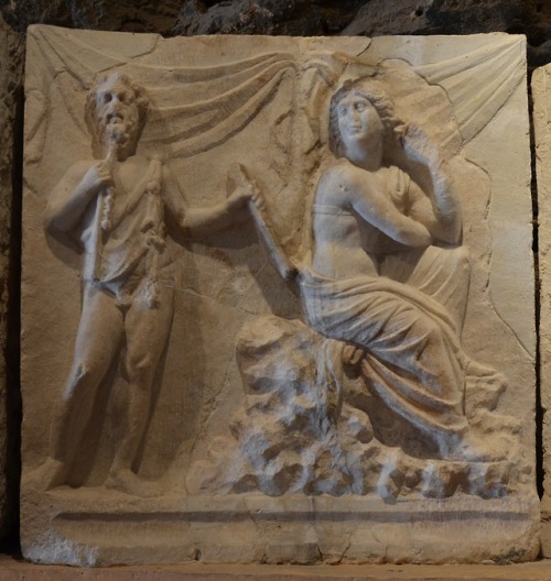 Marsyas challenges Apollo to a musical contest.  Frieze from the Roman-era theater at the ancient ci