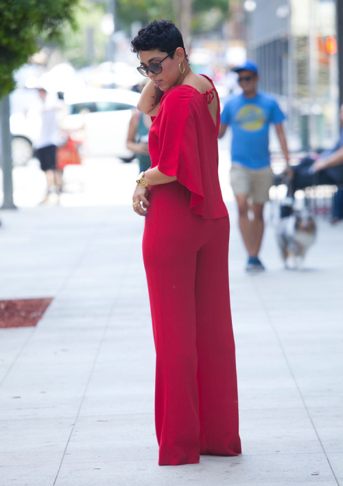 ecstasymodels:Red Cape Jumpsuit With V-NeckTHE JUMPSUIT can be found HERE / DVF Ring / Coach Sunnies