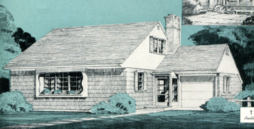 vintagehomeplans:United States, c. 1948: The DurantA compact two-bedroom house with a garden-facing 