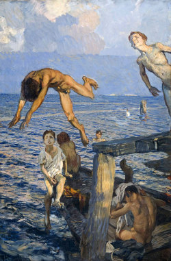 amare-habeo:  Ettore Tito (Italian, 1859 –1941) The Dive (Il Tuffo), 1910-1915Oil on canvas, 114 x 76 cm