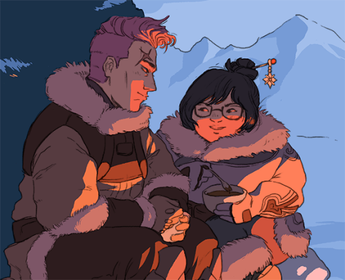 doublettea:my gift for @samthor in the @owfemslashexchange!! Zarya and Mei enjoying a campfire meal 