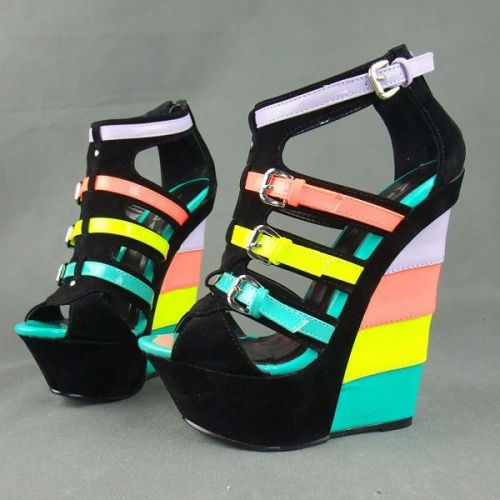 dailyheels: Hot New Design Candy neon colorant match velvet leather Buckle strap ladies Wedge sandal