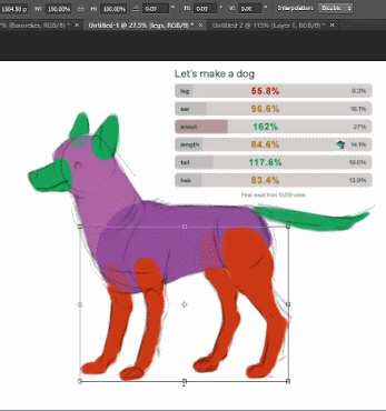 animated gif of the dog sketch's body parts, colored in different colors, being squashed and stretched in Photoshop