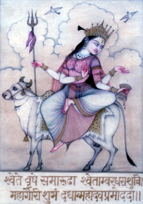 Navadurga 5MahagauriMay the Mahagauri Ma Durga who rides a white Vrishaba the bull and who wears spo