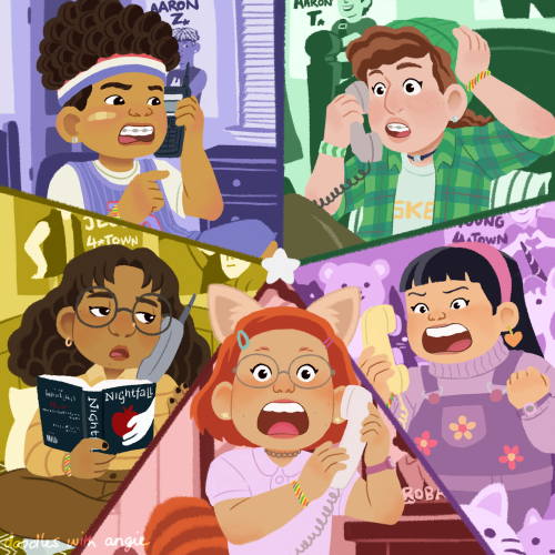 doodleswithangie:“WHAAAAAT?”a game of telephone[image description: fanart of the kids from turning red. the image is split five ways, with each kid in their color-coded bedrooms on the home landline phones. counter-clockwise starting from the bottom: