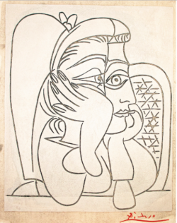 topcat77:  Pablo Picasso   Portrait De Jacqueline Accoudee (Femme Accoudee)/ Portrait of Jacqueline Accoudee (Woman Accoudee)  1959-64  linoleum cut rincée in white and India ink 