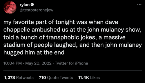 leepacey: john mulaney had dave chappelle tell a bunch of transphobic jokes at his show tonight