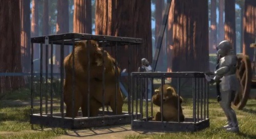 forgivenessisourtorch:   Can we just talk about the movie Shrek for a second here?Here we see the three bears in a cage, the baby bear is crying that it’s too small. Now, back at Shreks swamp we see the baby bear still crying to his father, yet he’s