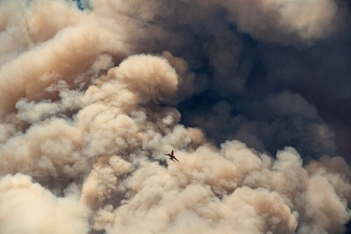 A firefighting airplane flies away from a pyrocumulus ash plume after making a retardant drop on a r