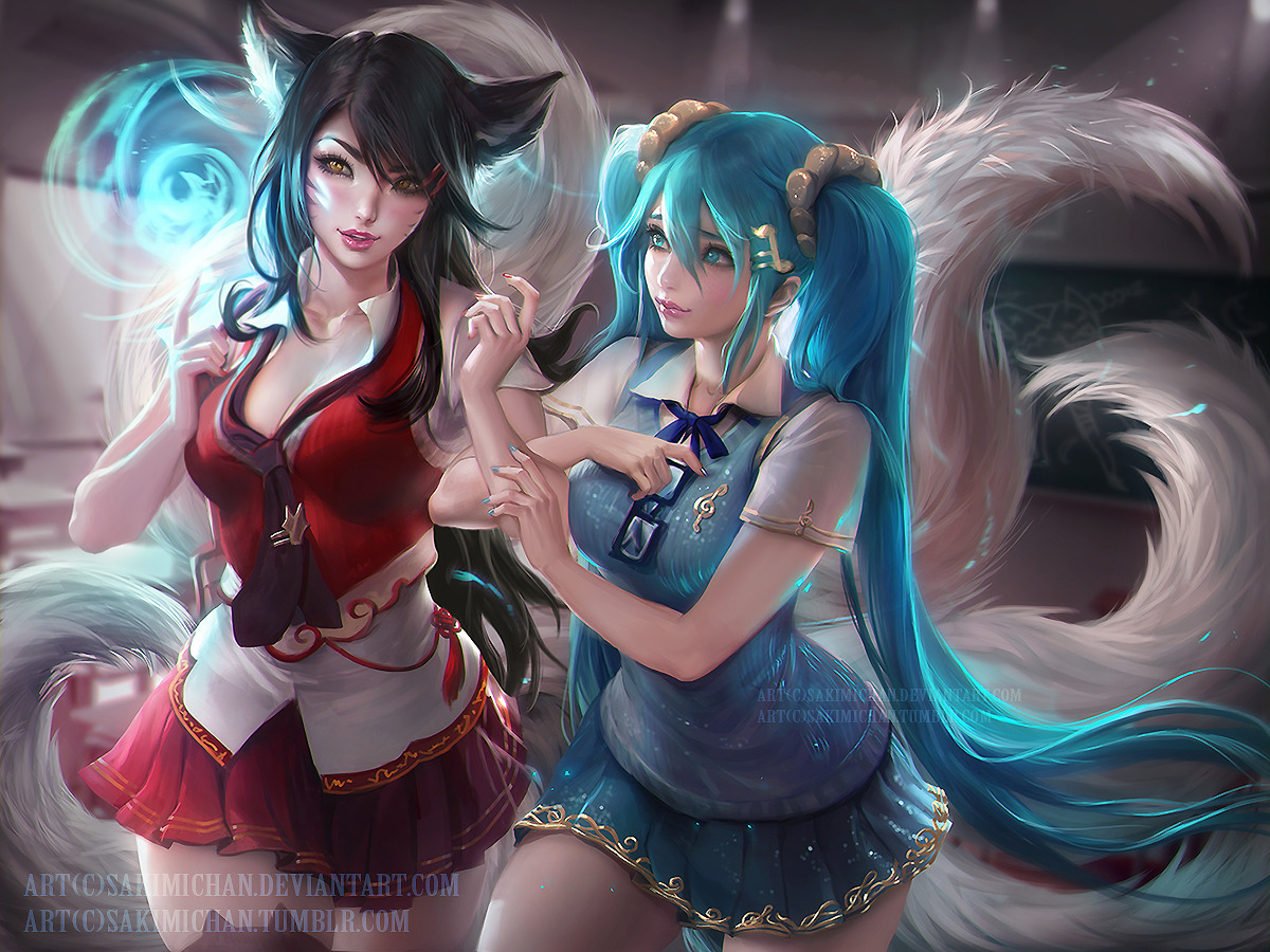 sakimichan:   ‎Ahri‬ ‪‎Sona‬  in school setting inspired by their original