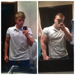 jaxman52077:  bodybuilers4worship:  Well done son you have filled the shirt not its time to split it open step in here and the fun begins  Proof of the ISIS app’s effect on dudes - especially blonde dudes.  Heh.  Someday that polo shirt will end up