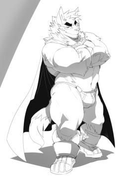 gengacanvas:Koku’s ideal bara-kemono is a dominant muscular wolf wearing a super hero costume. en.shindanmaker.com/239610  Naturally I picked Built Tiger costume. xD