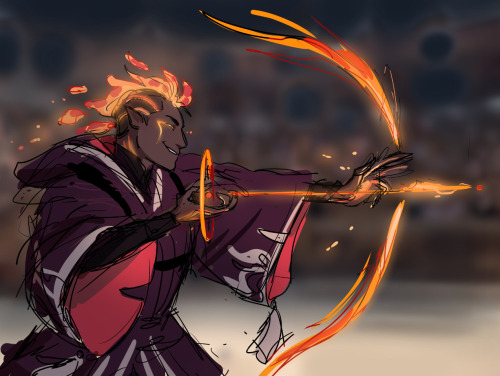 siobhanchiffon: Firestarter, a fire genasi Phoenix Sorcerer  He works in the Sorcerer’s Grave, a mag