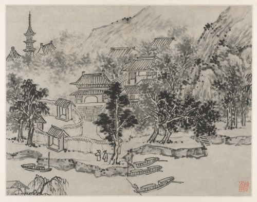 Twelve Views of Tiger Hill, Suzhou: Distant View of Tiger Hill from the Canal Mooring, Shen Zhou, af
