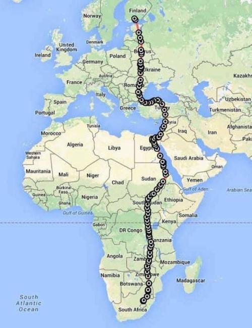 A female falcon was equipped with a satellite tracking system in South Africa before migrating to Finland. Image shows tracker data. In just 42 days, she flew over 10.000 km, at an incredible average of 230 km per day and nearly in a straight line. Nudes