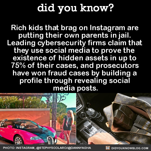 morningchorus:  did-you-kno:  Rich kids that brag on Instagram are  putting their own parents in jail.  Leading cybersecurity firms claim that  they use social media to prove the  existence of hidden assets in up to  75% of their cases, and prosecutors