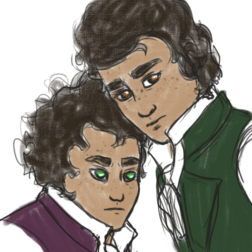 ashen-crest: [ID: two sketches of Emry and Aspen. They’re standing close together, glaring at someth