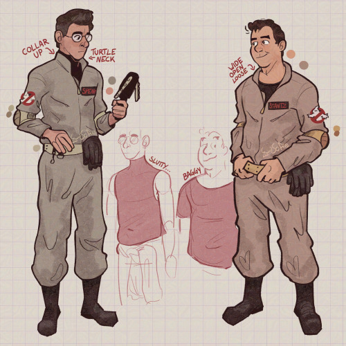 A set of drawings highlighting design differences in the ghostbusters' uniforms, each accompanied by a smaller sketch of what they wear underneath their uniforms. Egon has his collar up and wears a turtleneck underneath the uniform, which op notes as "slutty..."; he's shown holding a PKE meter. Ray's collar is zipped wide open and loose, and he wears a baggy t-shirt underneath; he's shown adjusting his belt with both hands.