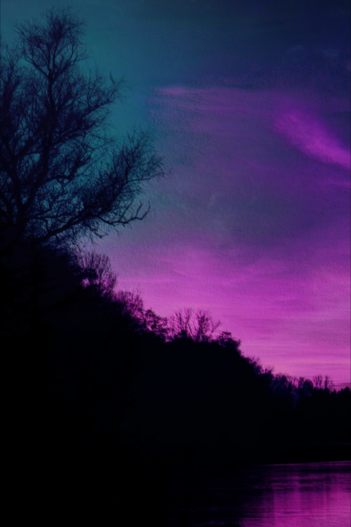 frostklamm:lowland skies[ID: Two pictures of the sunset. The left photo shows a bright purple sunset