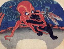 cavetocanvas:  Utagawa Kuniyoshi, Octopus and black bear wrestling with a dragonfly officiating, c. 1839 