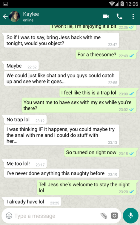 naughtypeopletexts:GF chats with her BF’s ex, comes out of her shell.