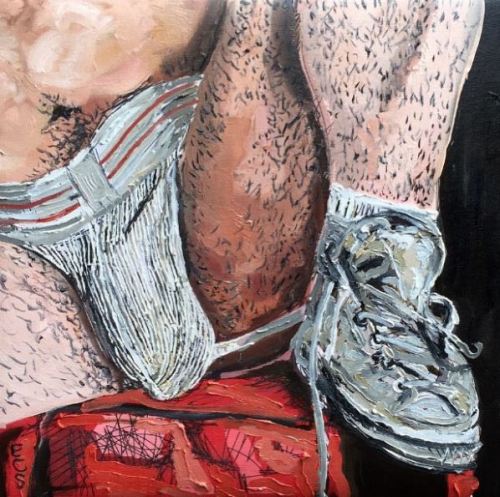 Jockstrap and dirty sneakers | Fred DaringOil on canvas, 12″ x 12″